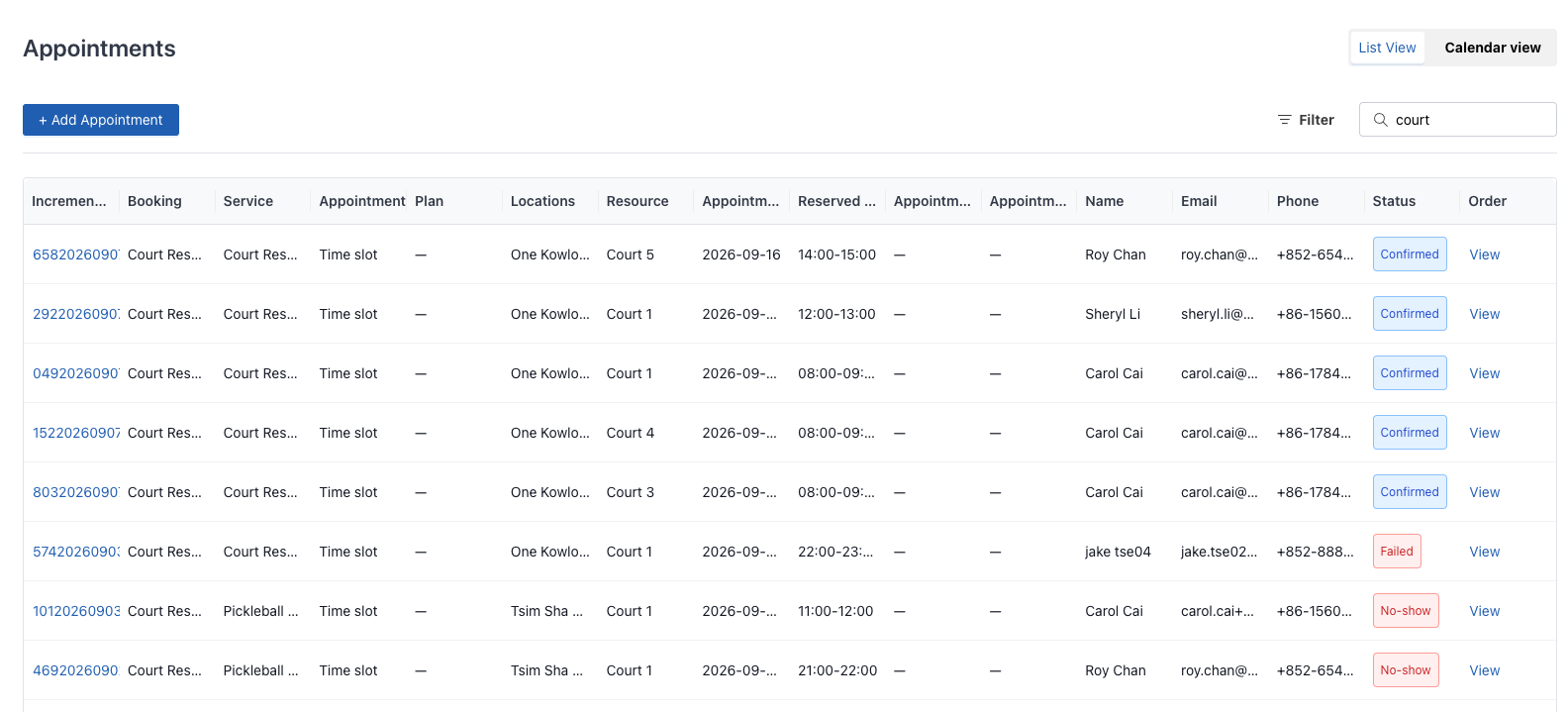 My bookings list No-show status screen
