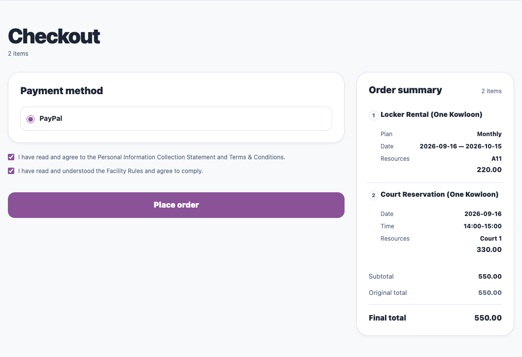 Checkout page payment and T&C confirmation screen